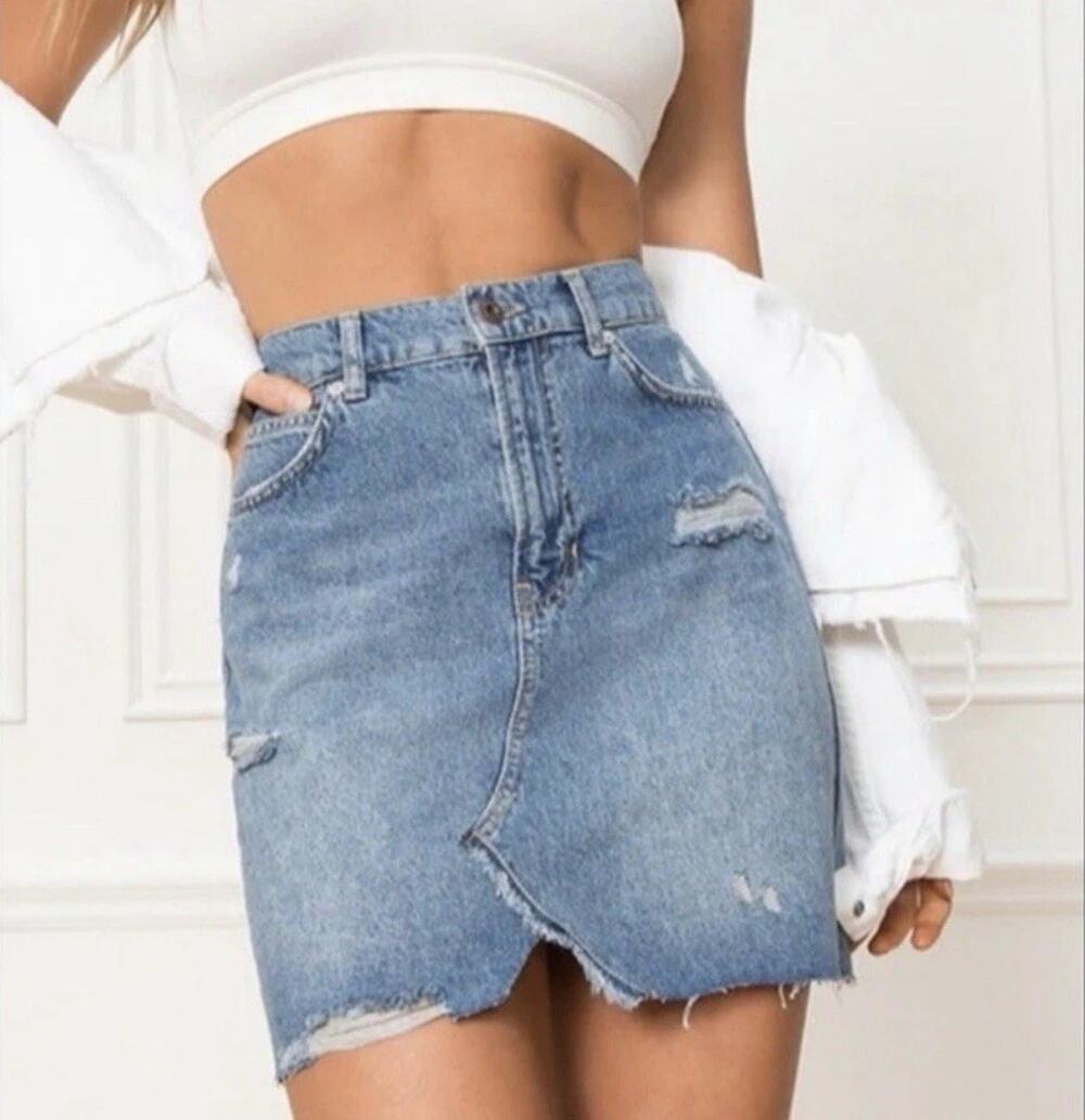 We The Free Hallie Denim Mini Skirt Women’s 27 Distressed Raw Hem Blue Boho